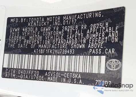 2017 Toyota Camry Se from USA, damaged, VIN 4T1BF1FK2HU729493